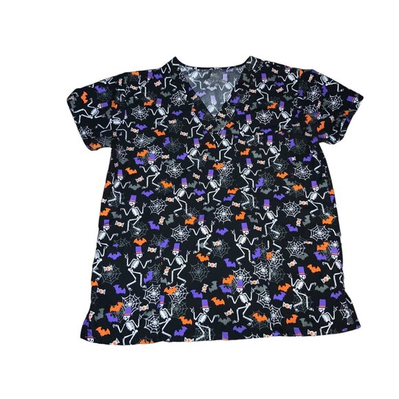 Halloween Scrub Top Skeletons, Spider Webs, Bats Size M - Picture 4 of 9